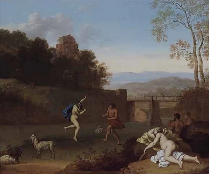Paesaggio meridionale con figure danzanti e musicali